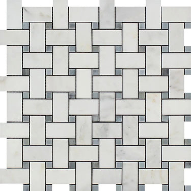 Oriental White Polished Marble Basketweave Mosaic Tile w/ Blue-Gray Dots.