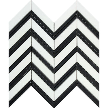 Thassos White Polished Marble Large Chevron Mosaic Tile (Thassos + Black (Thin Strips)).