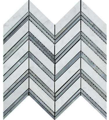 Bianco Carrara Polished Marble Large Chevron Mosaic Tile (Carrara + Blue-Gray (Thin Strips)).