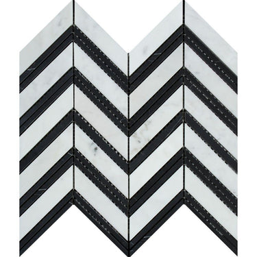 Bianco Carrara Polished Marble Large Chevron Mosaic Tile (Carrara + Black (Thin Strips)).