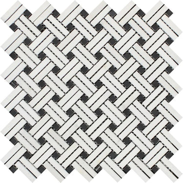 Oriental White Polished Marble Stanza Mosaic Tile w/ Black Dots.