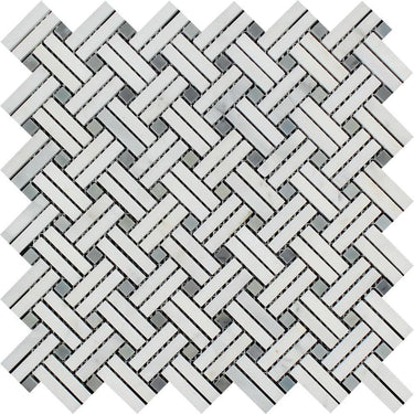 Oriental White Polished Marble Stanza Mosaic Tile w/ Blue-Gray Dots.