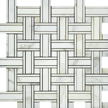 Calacatta Gold Polished Marble Tripleweave Mosaic Tile w/ Calacatta Gold Dots.