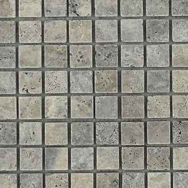 1x1 Silver Tumbled Mosaic Tile.