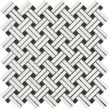 Thassos White Polished Marble Stanza Mosaic Tile w/ Black Dots.