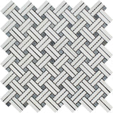 Thassos White Polished Marble Stanza Mosaic Tile w/ Blue-Gray Dots.