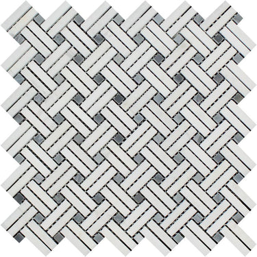 Thassos White Polished Marble Stanza Mosaic Tile w/ Blue-Gray Dots.