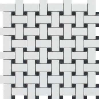 Thassos White Honed Marble Basketweave Mosaic Tile w/ Black Dots.