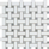Thassos White Polished Marble Basketweave Mosaic Tile w/ Blue-Gray Dots.