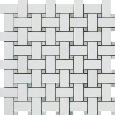 Thassos White Polished Marble Basketweave Mosaic Tile w/ Ming Green Dots.