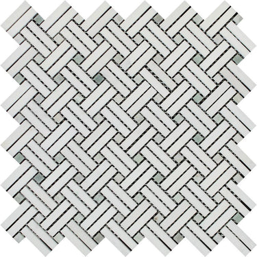 Thassos White Polished Marble Stanza Mosaic Tile w/ Ming Green Dots.