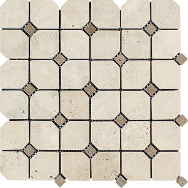 Ivory Tumbled Travertine Octagon Mosaic Tile w/ Noce Dots.