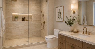 Luxury bathroom combining large format travertine tile with mosaic shower floor and natural stone accents