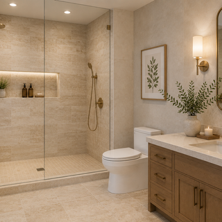 Luxury bathroom combining large format travertine tile with mosaic shower floor and natural stone accents