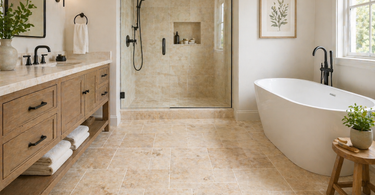 Travertine bathroom floor with mosaic and large format tiles showing design options
