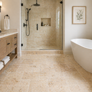 Travertine bathroom floor with mosaic and large format tiles showing design options