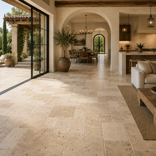 Luxury Mediterranean great room featuring French Pattern Ivory Travertine flooring with indoor outdoor architecture and natural sunlight