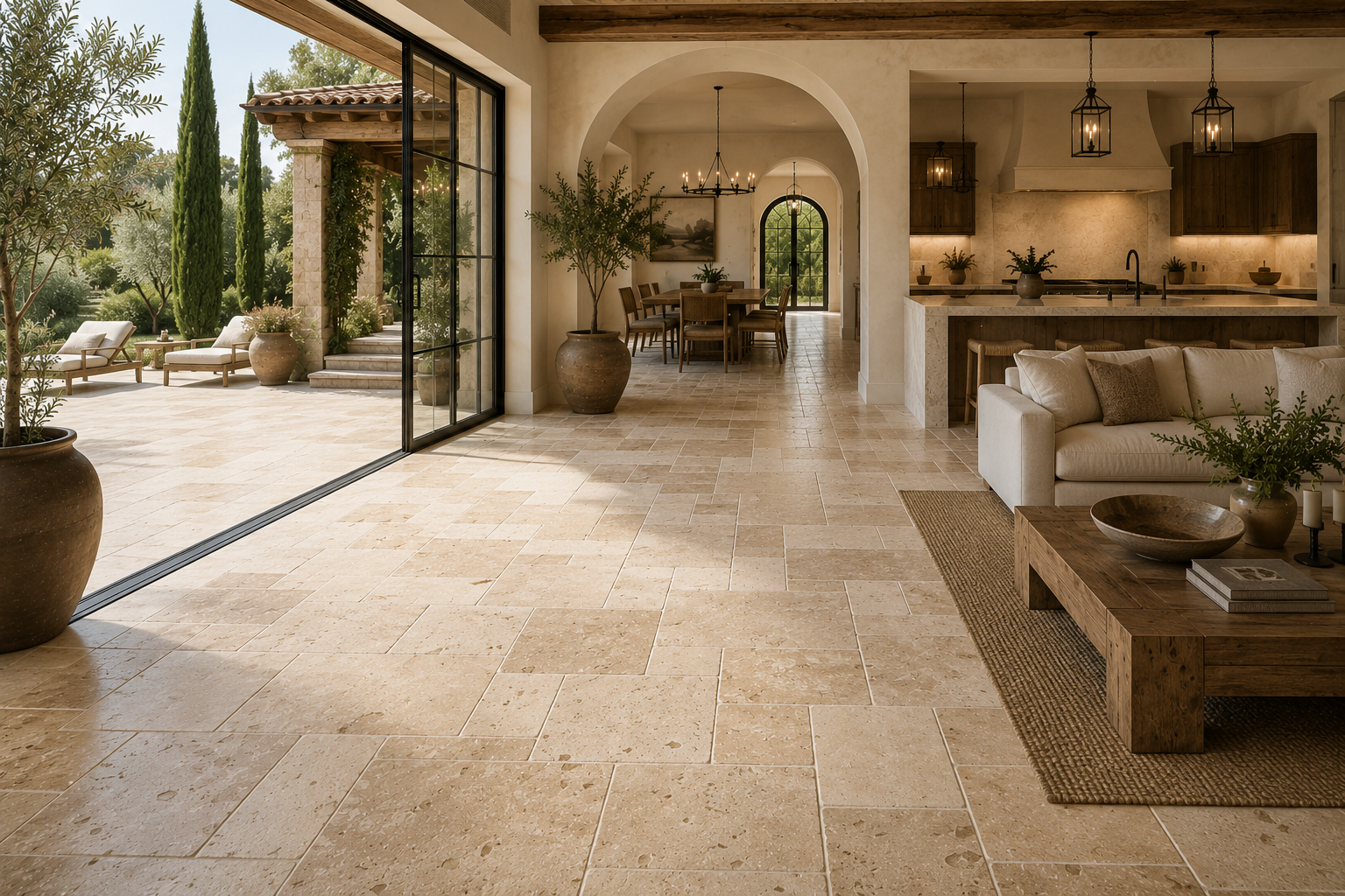 Luxury Mediterranean great room featuring French Pattern Ivory Travertine flooring with indoor outdoor architecture and natural sunlight