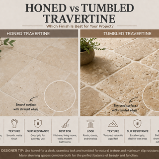 Side by side comparison of honed travertine and tumbled travertine tile textures and edges