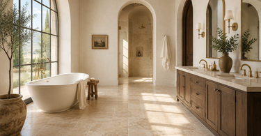 Luxury bathroom featuring Ivory Travertine floor tile with warm natural stone and modern Mediterranean design.