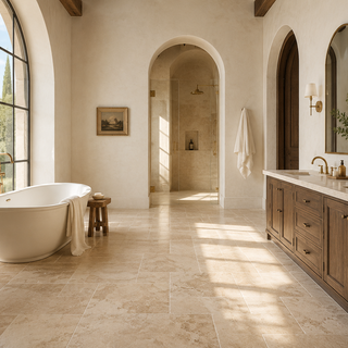 Luxury bathroom featuring Ivory Travertine floor tile with warm natural stone and modern Mediterranean design.