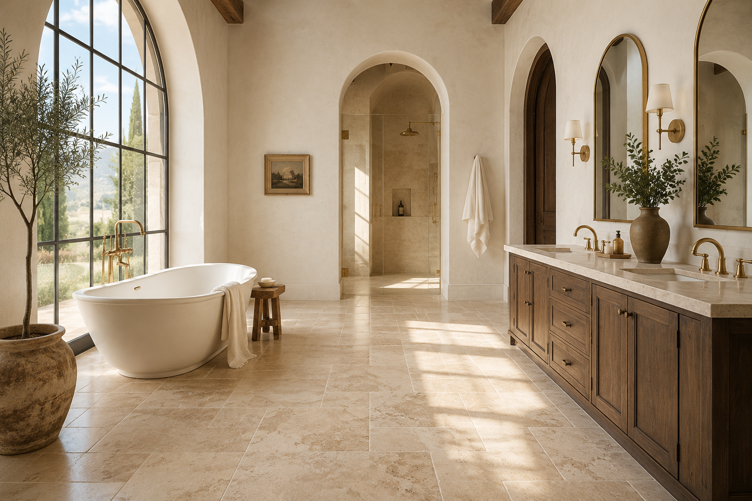 Luxury bathroom featuring Ivory Travertine floor tile with warm natural stone and modern Mediterranean design.