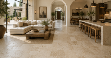 Luxury open-concept living room featuring Ivory Travertine floor tile with natural sunlight, high ceilings, and seamless indoor outdoor design