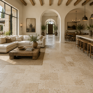 Luxury open-concept living room featuring Ivory Travertine floor tile with natural sunlight, high ceilings, and seamless indoor outdoor design