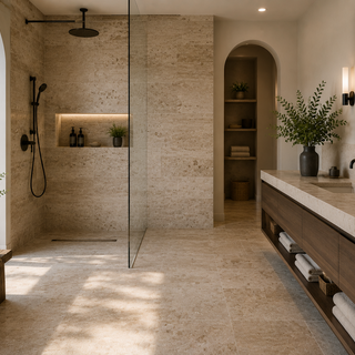 Luxury bathroom with large format travertine tile walls and warm natural stone spa-style design