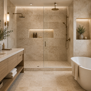 Luxury bathroom with large format travertine tile, natural stone shower walls, and warm neutral spa-style design