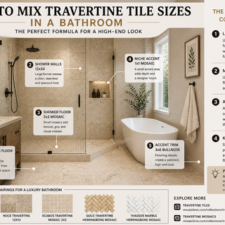 Luxury bathroom featuring herringbone, straight lay, and large format travertine tile patterns in a modern design