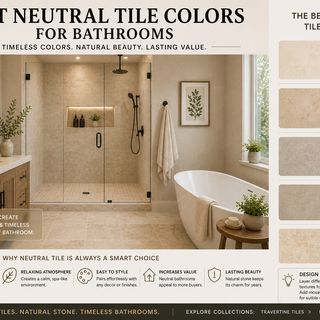 Luxury bathroom with warm neutral travertine tile colors including ivory beige and soft natural stone tones