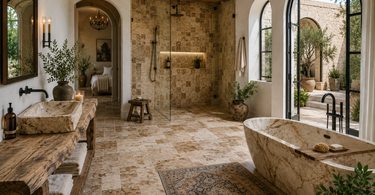 Luxury Mediterranean bathroom featuring Scabos Travertine tile with warm natural stone textures and architectural arches