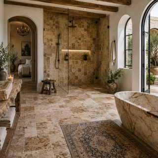 Luxury Mediterranean bathroom featuring Scabos Travertine tile with warm natural stone textures and architectural arches
