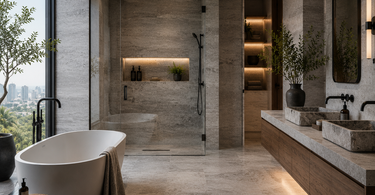 Modern luxury bathroom featuring Silver Travertine tile with contemporary natural stone textures and moody architectural lighting