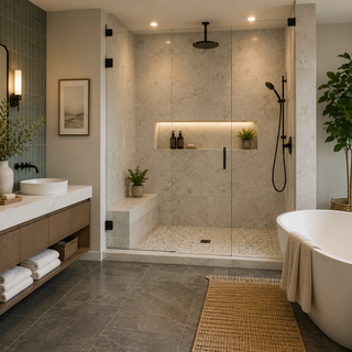 Luxury spa-style bathroom with warm travertine tile, large format shower walls, and soft natural stone textures