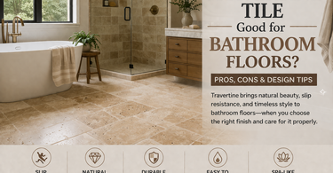 Tumbled and honed travertine tile installed on a modern bathroom floor showing natural texture and slip-resistant surface