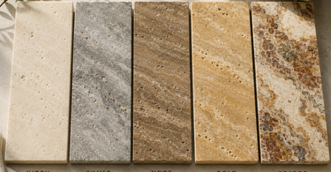 Ivory, Silver, Noce, Gold and Scabos Travertine tile samples showing differences in natural stone color, movement and variation.