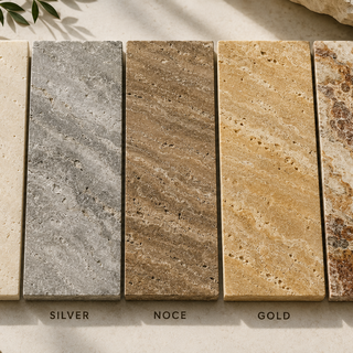 Ivory, Silver, Noce, Gold and Scabos Travertine tile samples showing differences in natural stone color, movement and variation.