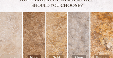 Different travertine tile colors including ivory, noce, gold, silver and scabos displayed for bathroom and floor design comparison