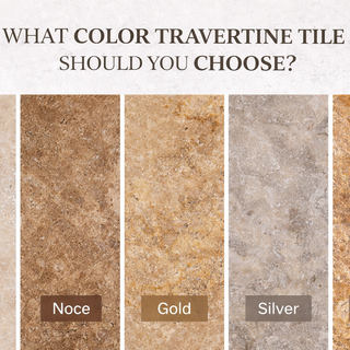 Different travertine tile colors including ivory, noce, gold, silver and scabos displayed for bathroom and floor design comparison
