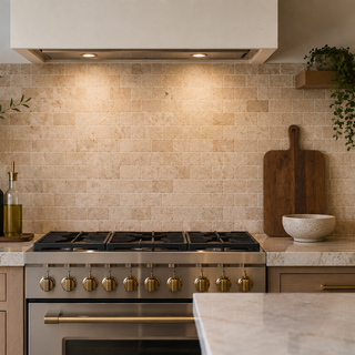 Kitchen backsplash with travertine tile in a modern kitchen featuring warm neutral tones and natural stone texture