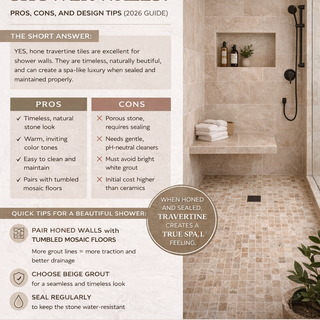 Honed travertine tiles installed on shower walls with niche detail in a modern bathroom