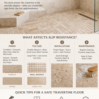 Tumbled travertine mosaic shower floor showing textured slip-resistant surface with grout lines