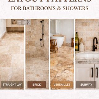 Travertine tile layout patterns including straight lay, brick, Versailles, herringbone, and subway used in bathrooms and showers