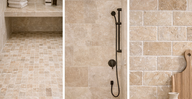 Different travertine tile sizes including 4x4, 12x12, 12x24 and mosaic used on bathroom floor, shower wall and kitchen backsplash