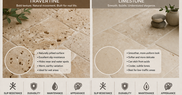 Side by side comparison of travertine tile and limestone tile textures for bathroom and floor use