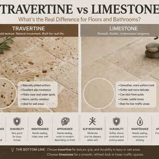 Side by side comparison of travertine tile and limestone tile textures for bathroom and floor use