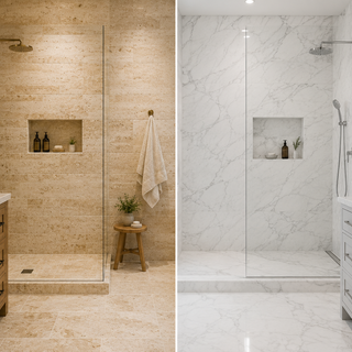 Bathroom design comparing travertine tile and marble tile showing natural stone differences in texture and style