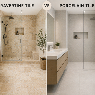 Bathroom with travertine tile floor and porcelain tile wall showing natural stone versus modern tile design
